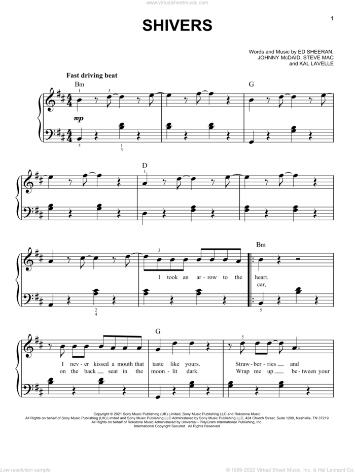 Shivers, (easy) sheet music for piano solo by Ed Sheeran, Johnny McDaid, Kal Lavelle and Steve Mac, easy skill level