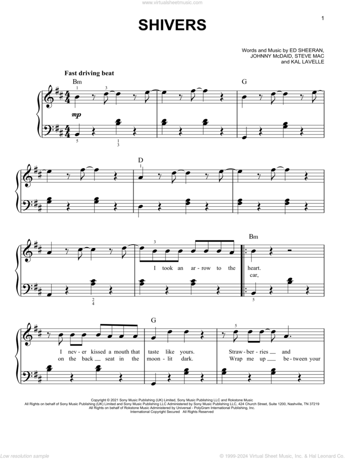 Shivers, (easy) sheet music for piano solo by Ed Sheeran, Johnny McDaid, Kal Lavelle and Steve Mac, easy skill level