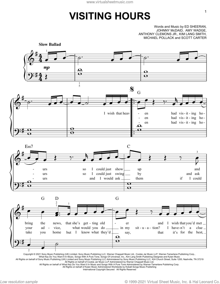 Visiting Hours sheet music for piano solo by Ed Sheeran, Amy Wadge, Anthony Clemons Jr., Johnny McDaid, Kim Lang Smith, Michael Pollack and Scott Carter, easy skill level