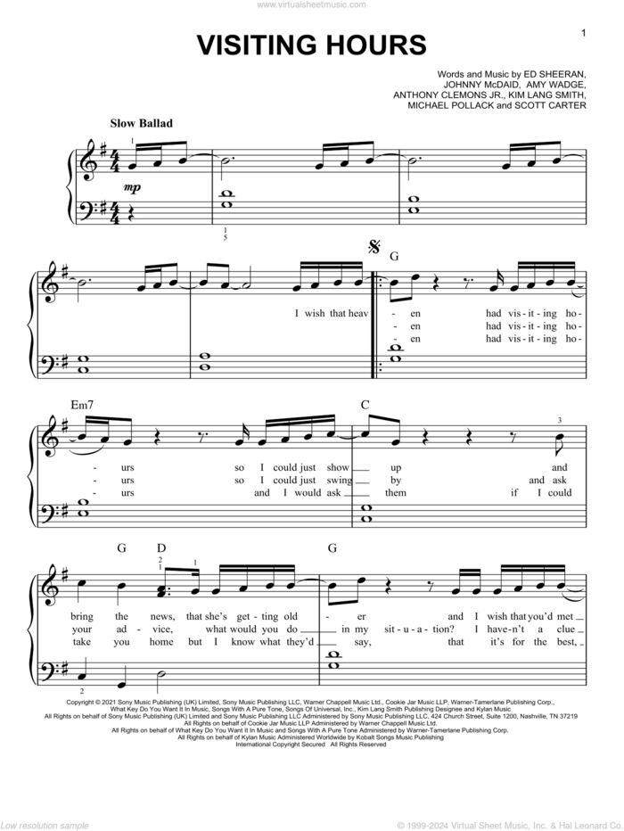 Visiting Hours sheet music for piano solo by Ed Sheeran, Amy Wadge, Anthony Clemons Jr., Johnny McDaid, Kim Lang Smith, Michael Pollack and Scott Carter, easy skill level