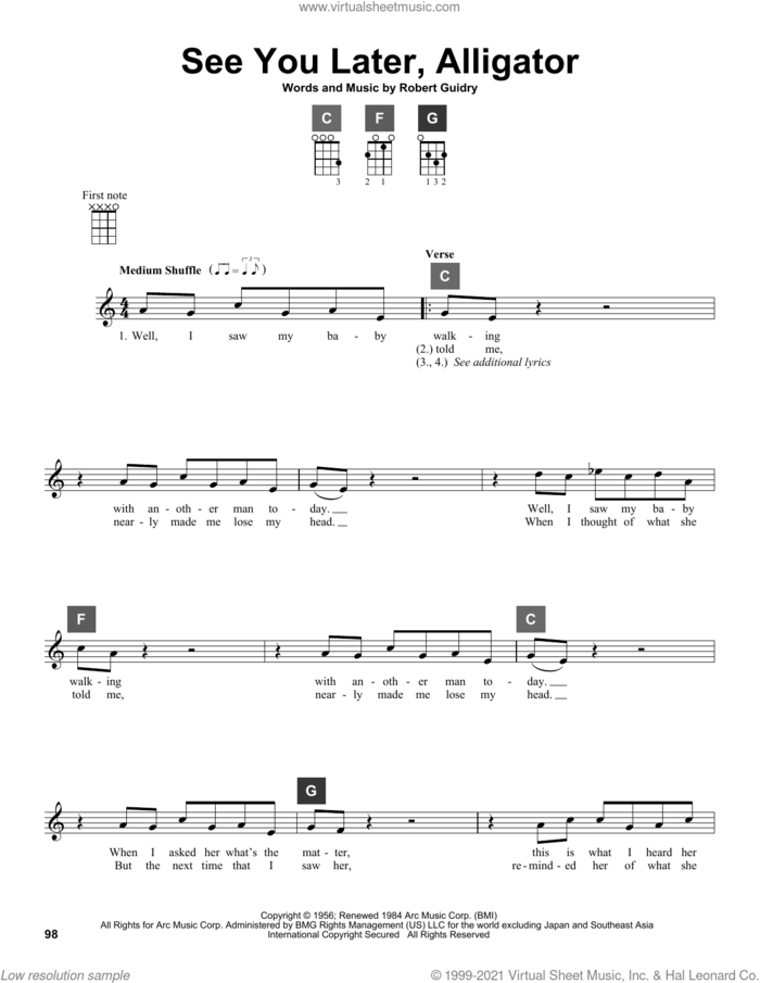 See You Later, Alligator sheet music for ukulele solo (ChordBuddy system) by Bill Haley & His Comets and Robert Guidry, intermediate ukulele (ChordBuddy system)