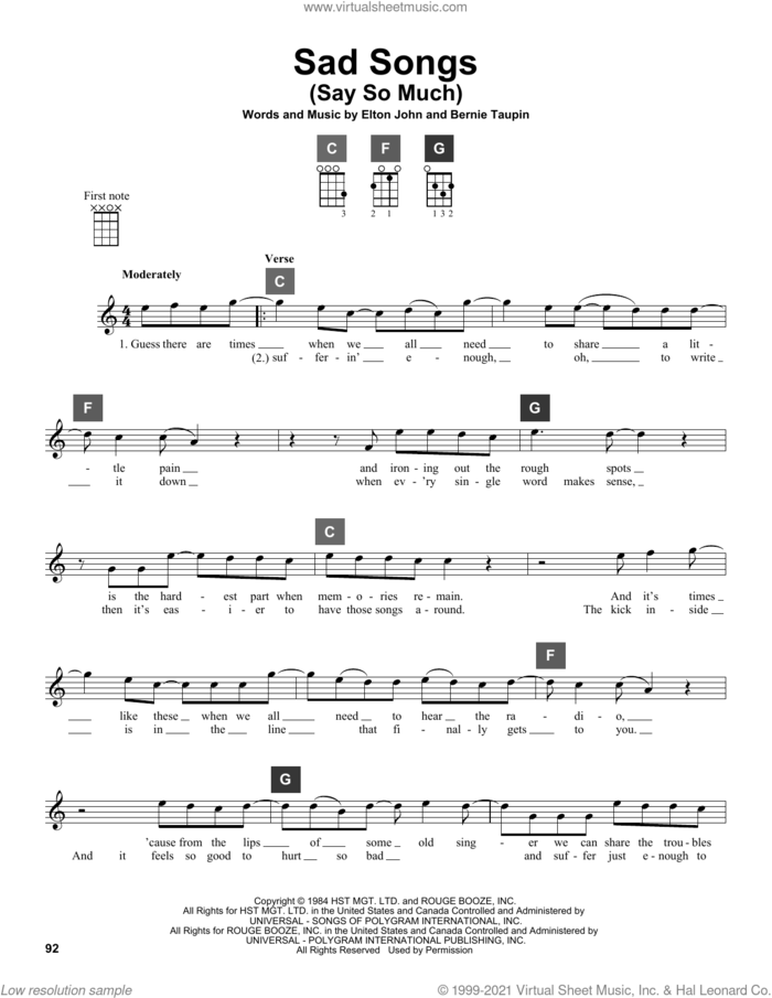 Sad Songs (Say So Much) sheet music for ukulele solo (ChordBuddy system) by Elton John and Bernie Taupin, intermediate ukulele (ChordBuddy system)