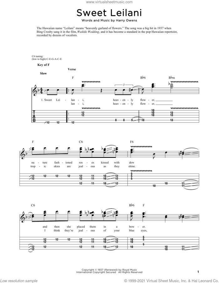 Sweet Leilani sheet music for dobro solo by Harry Owens and Fred Sokolow, easy skill level