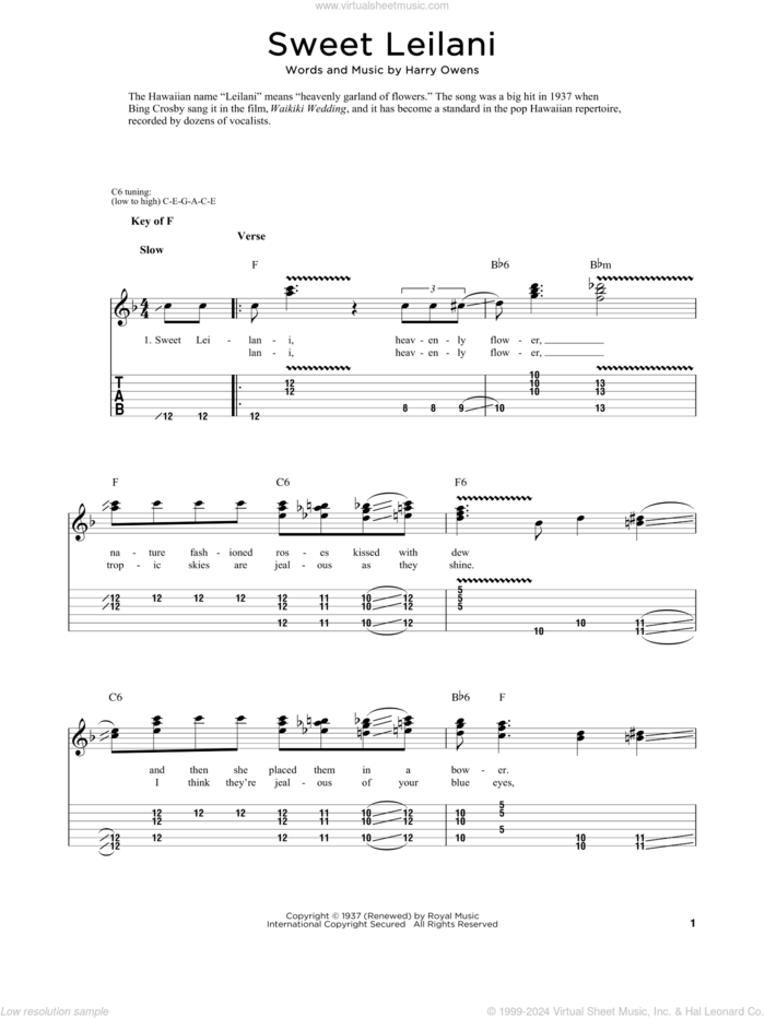 Sweet Leilani sheet music for dobro solo by Harry Owens and Fred Sokolow, easy skill level