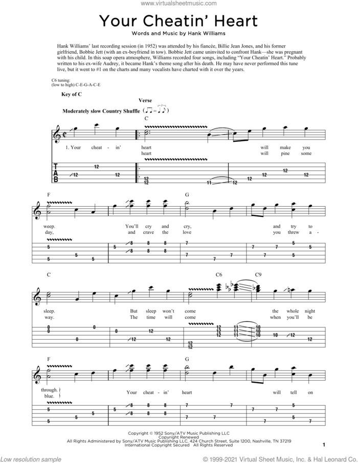 Your Cheatin' Heart sheet music for dobro solo by Hank Williams, Fred Sokolow and Patsy Cline, easy skill level