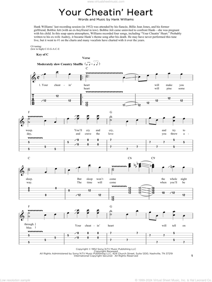 Your Cheatin' Heart sheet music for dobro solo by Hank Williams, Fred Sokolow and Patsy Cline, easy skill level