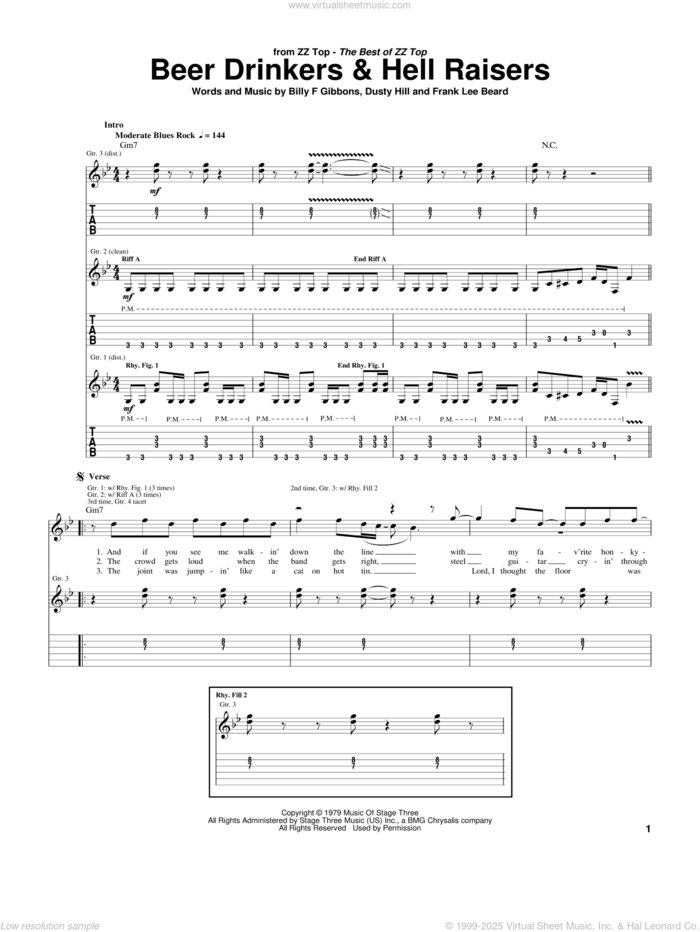 Beer Drinkers and Hell Raisers sheet music for guitar (tablature) by ZZ Top, Billy Gibbons, Dusty Hill and Frank Beard, intermediate skill level