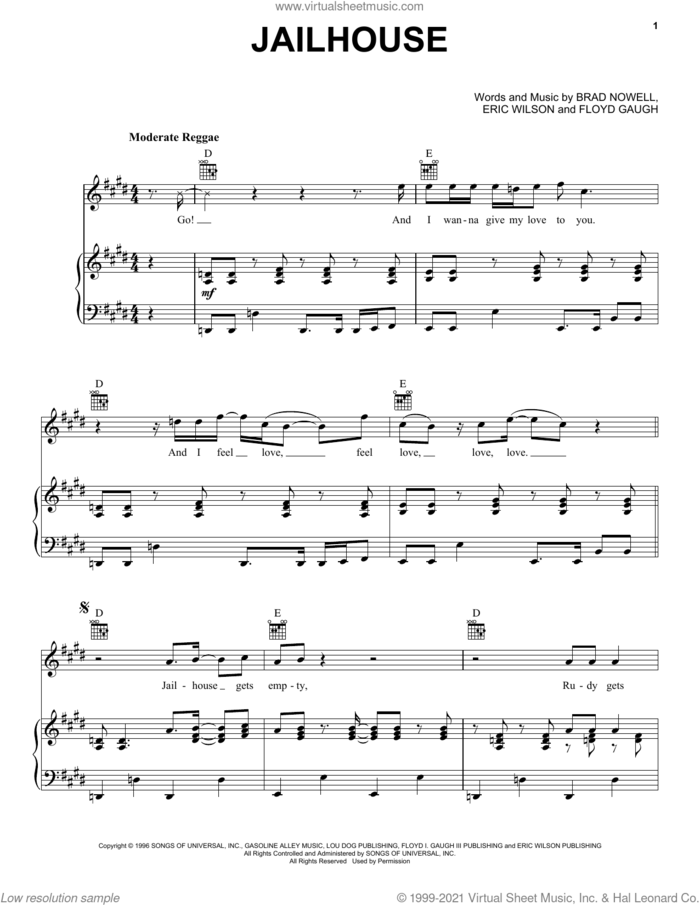 Jailhouse sheet music for voice, piano or guitar by Sublime, Brad Nowell, Eric Wilson and Floyd Gaugh, intermediate skill level