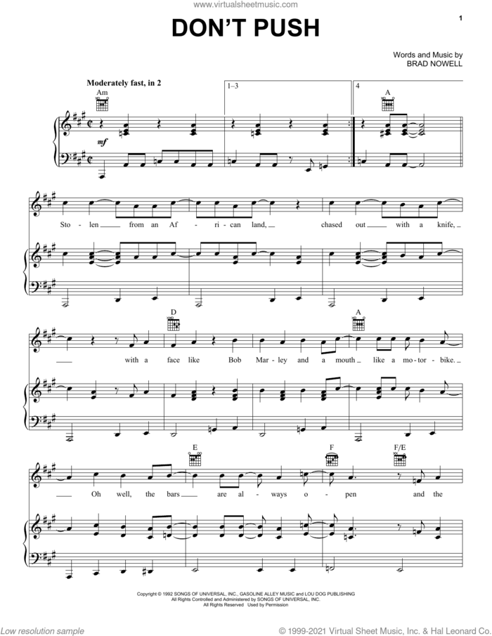Don't Push sheet music for voice, piano or guitar by Sublime and Brad Nowell, intermediate skill level