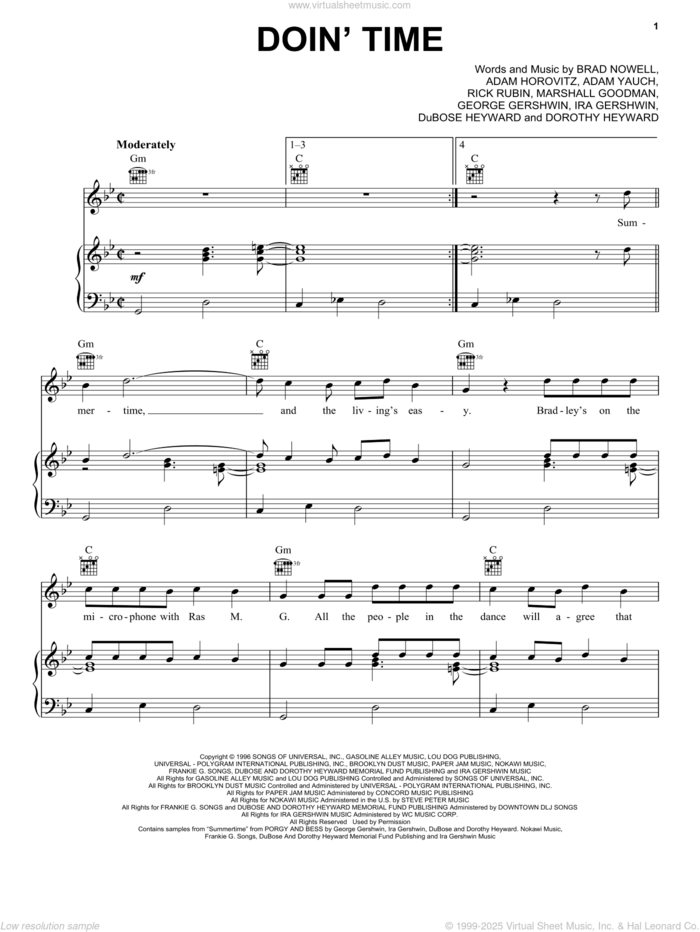 Doin' Time sheet music for voice, piano or guitar by Sublime, Adam Horovitz, Adam Yauch, Brad Nowell, Dorothy Heyward, DuBose Heyward, George Gershwin, Ira Gershwin, Marshall Goodman and Rick Rubin, intermediate skill level