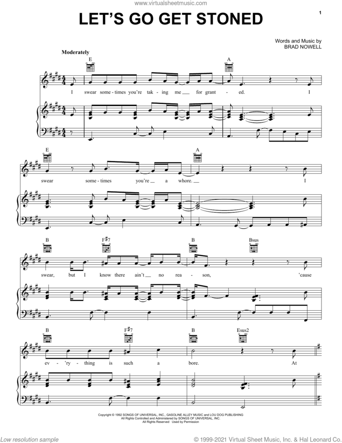 Let's Go Get Stoned sheet music for voice, piano or guitar by Sublime and Brad Nowell, intermediate skill level