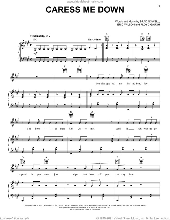 Caress Me Down sheet music for voice, piano or guitar by Sublime, Brad Nowell, Eric Wilson and Floyd Gaugh, intermediate skill level