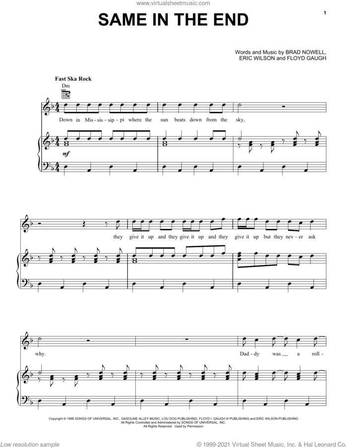 Same In The End sheet music for voice, piano or guitar by Sublime, Brad Nowell, Eric Wilson and Floyd Gaugh, intermediate skill level