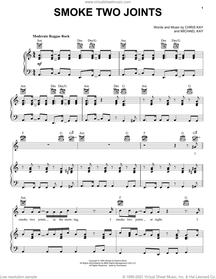 Smoke Two Joints sheet music for voice, piano or guitar by Sublime, Chris Kay and Michael Kay, intermediate skill level