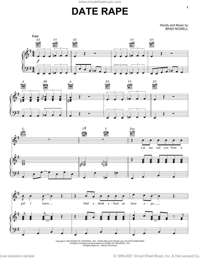 Date Rape sheet music for voice, piano or guitar by Sublime and Brad Nowell, intermediate skill level