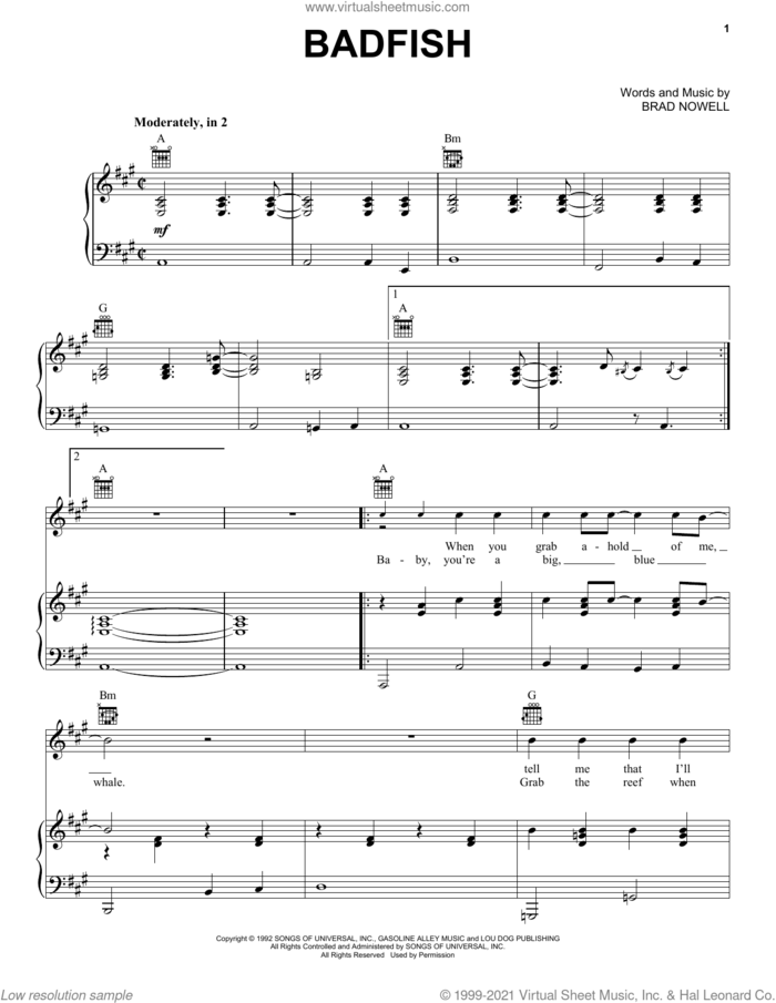 Badfish sheet music for voice, piano or guitar by Sublime and Brad Nowell, intermediate skill level