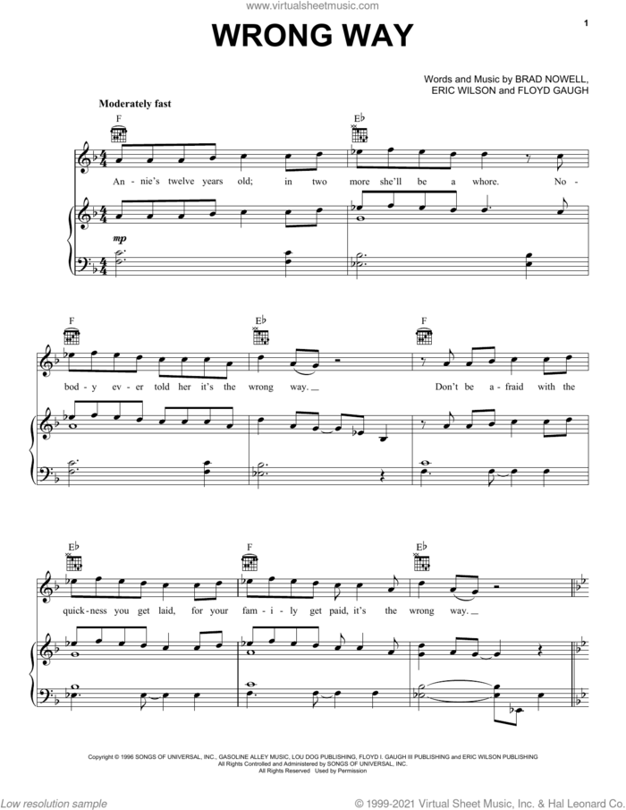 Wrong Way sheet music for voice, piano or guitar by Sublime, Brad Nowell, Eric Wilson and Floyd Gaugh, intermediate skill level