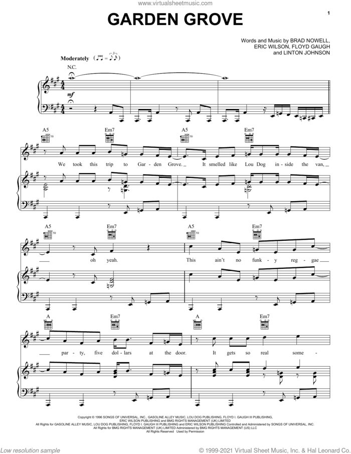 Garden Grove sheet music for voice, piano or guitar by Sublime, Brad Nowell, Eric Wilson, Floyd Gaugh and Linton Johnson, intermediate skill level