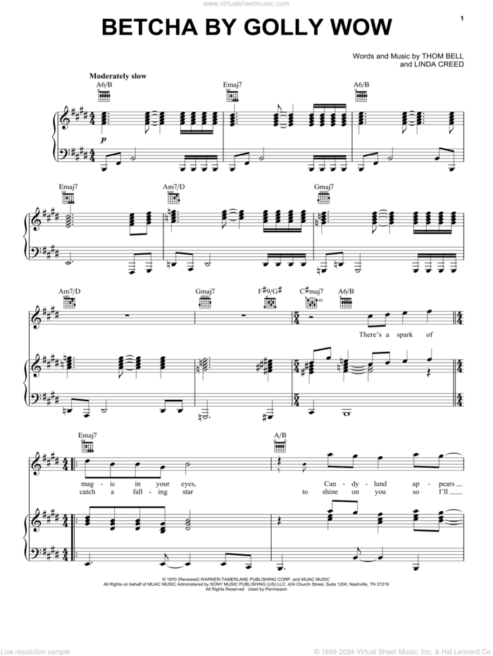 Betcha By Golly Wow sheet music for voice, piano or guitar by The Stylistics, Linda Creed and Thomas Bell, intermediate skill level
