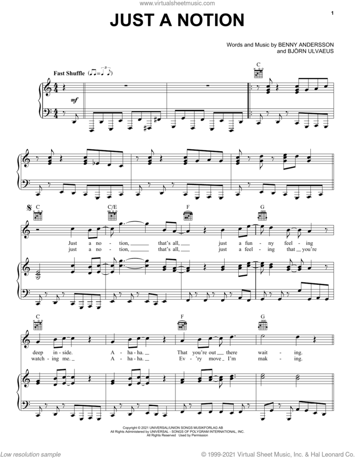 Just A Notion sheet music for voice, piano or guitar by ABBA, Benny Andersson and Bjorn Ulvaeus, intermediate skill level
