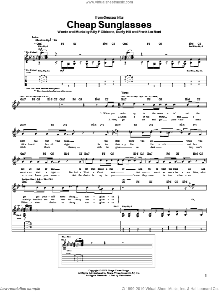 Cheap Sunglasses sheet music for guitar (tablature) by ZZ Top, Billy Gibbons, Dusty Hill and Frank Beard, intermediate skill level