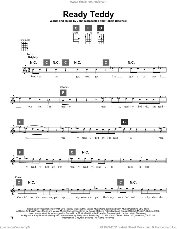 Ready Teddy sheet music for ukulele solo (ChordBuddy system) by Little Richard, Elvis Presley, John Marascalo and Robert Blackwell, intermediate ukulele (ChordBuddy system)