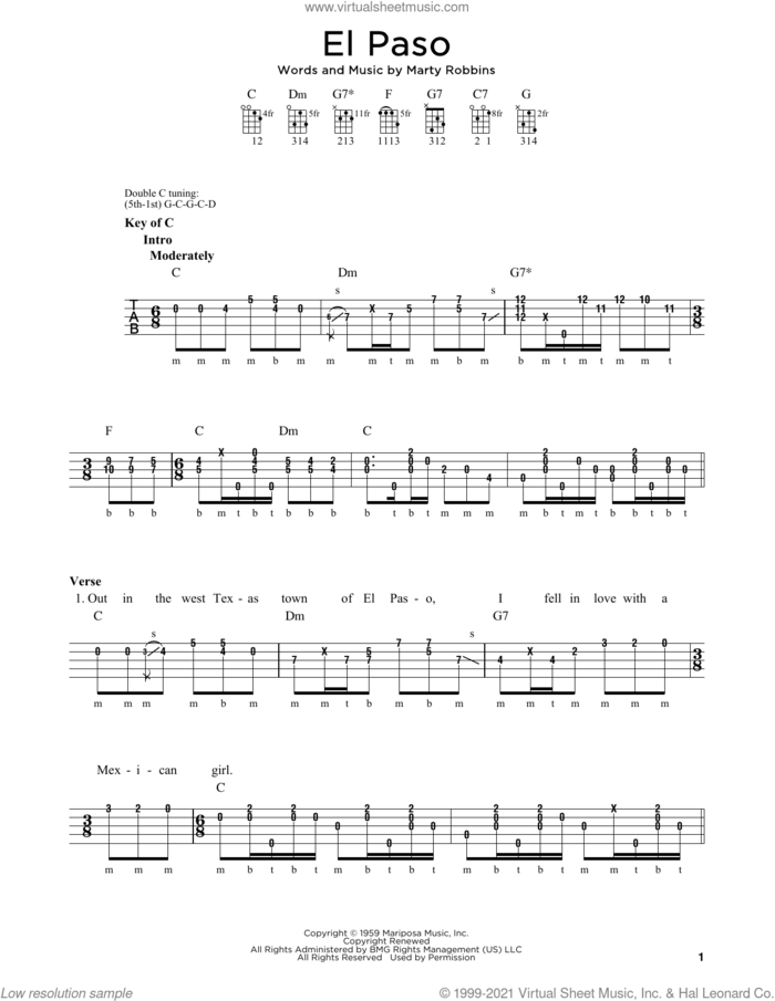 El Paso sheet music for banjo solo by Marty Robbins and Michael J. Miles, intermediate skill level