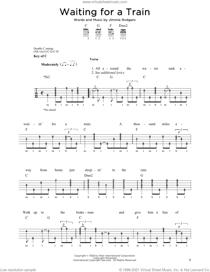 Waiting For A Train sheet music for banjo solo by Jimmie Rodgers and Michael J. Miles, intermediate skill level