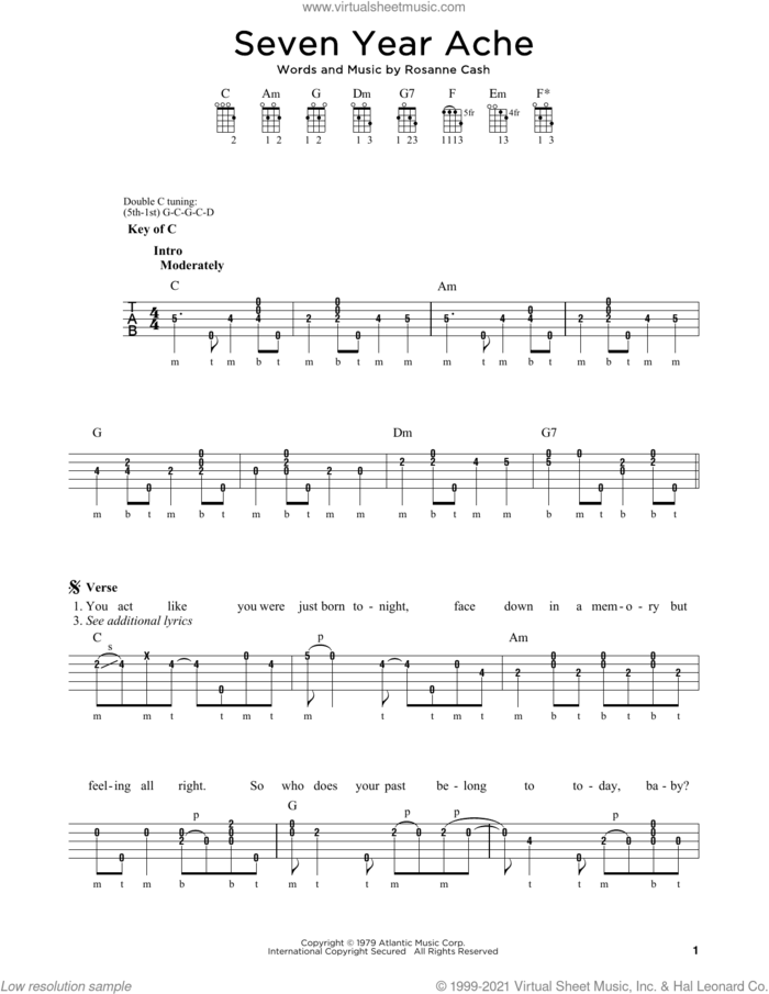 Seven Year Ache sheet music for banjo solo by Rosanne Cash and Michael J. Miles, intermediate skill level