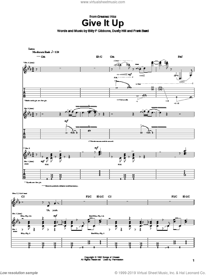 Give It Up sheet music for guitar (tablature) by ZZ Top, Billy Gibbons, Dusty Hill and Frank Beard, intermediate skill level