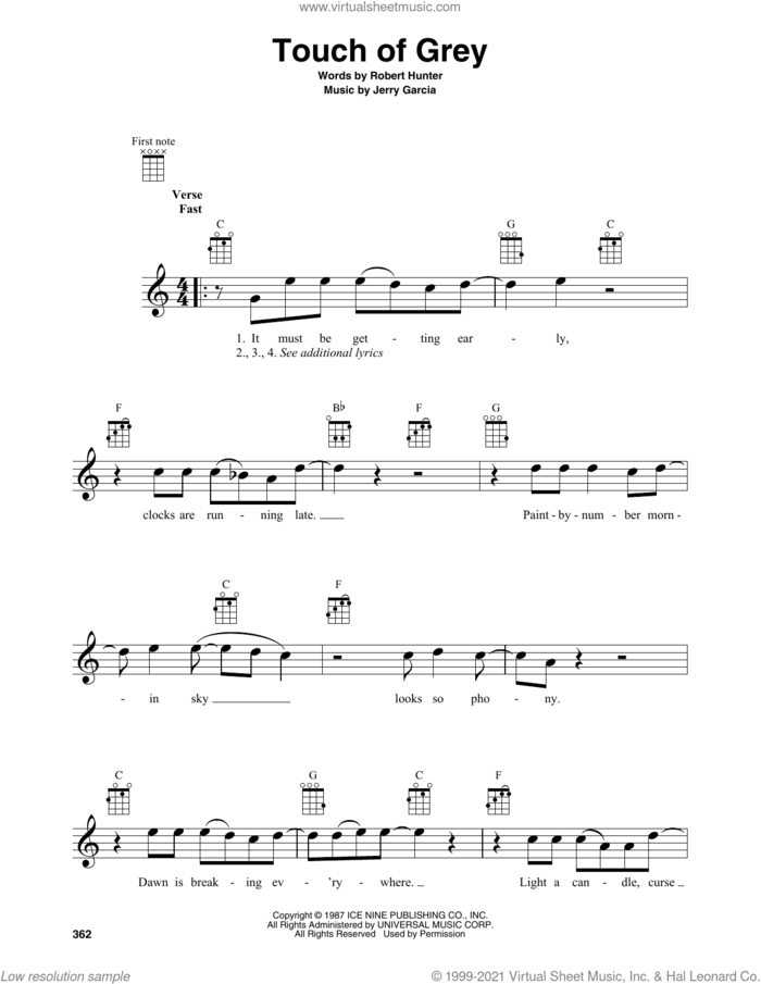 Touch Of Grey sheet music for baritone ukulele solo by Grateful Dead, Jerry Garcia and Robert Hunter, intermediate skill level