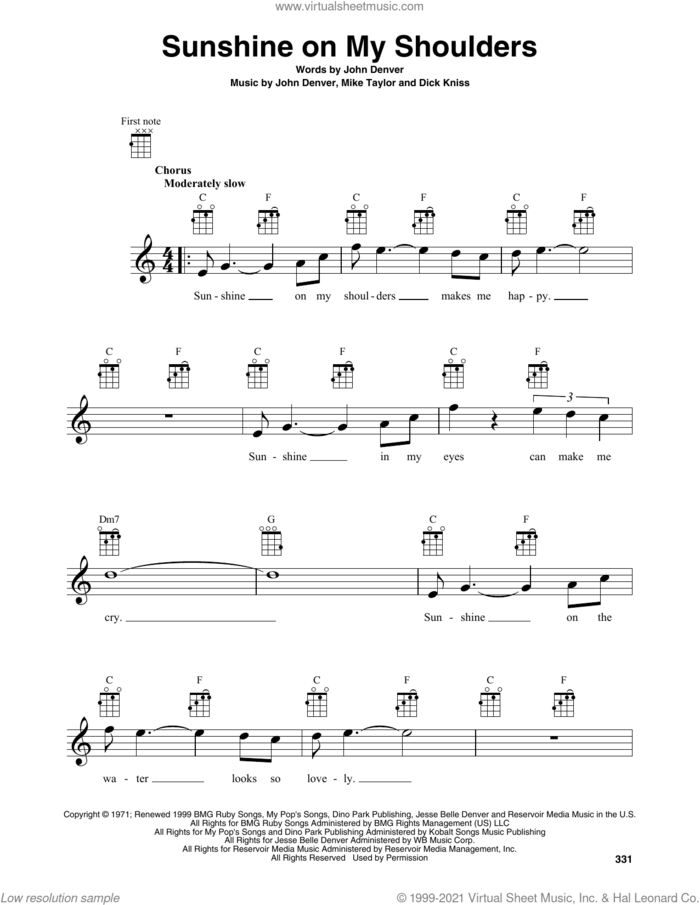 Sunshine On My Shoulders sheet music for baritone ukulele solo by John Denver, Dick Kniss and Mike Taylor, intermediate skill level