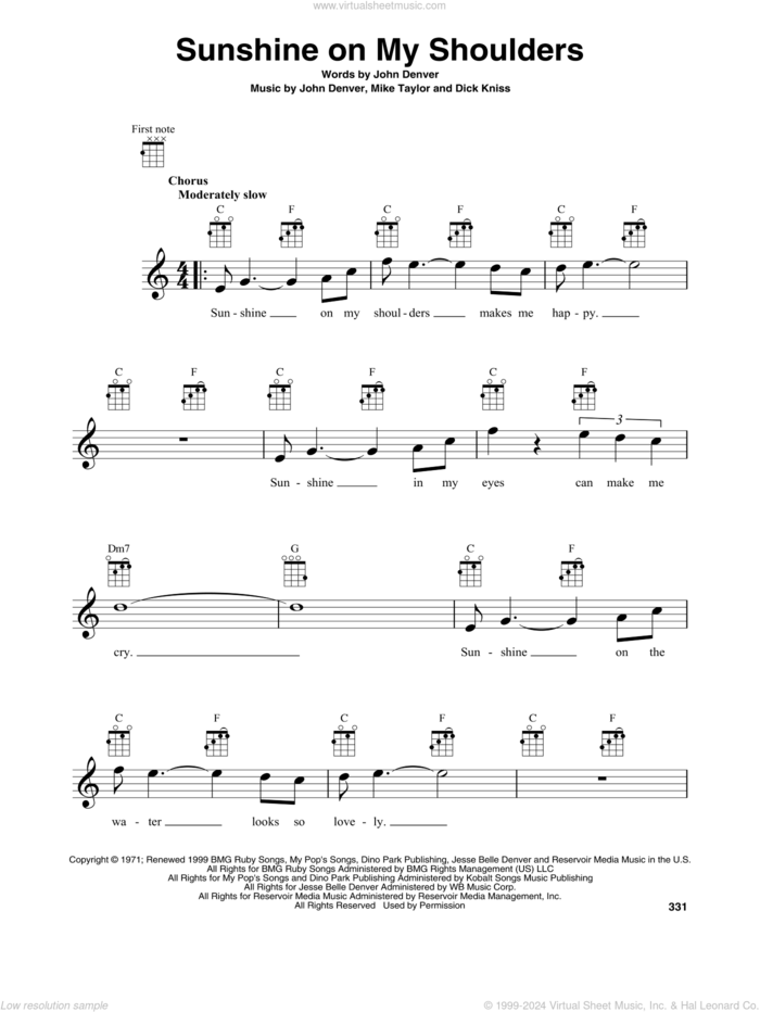 Sunshine On My Shoulders sheet music for baritone ukulele solo by John Denver, Dick Kniss and Mike Taylor, intermediate skill level