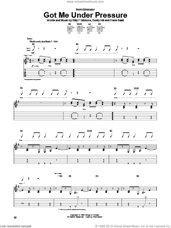 Got Me Under Pressure sheet music for guitar (tablature) by ZZ Top, Billy Gibbons, Dusty Hill and Frank Beard, intermediate skill level