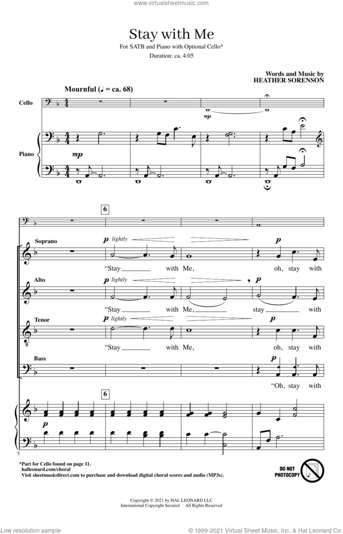 Stay With Me sheet music for choir (SATB: soprano, alto, tenor, bass) by Heather Sorenson and Matthew 26:39-45, intermediate skill level