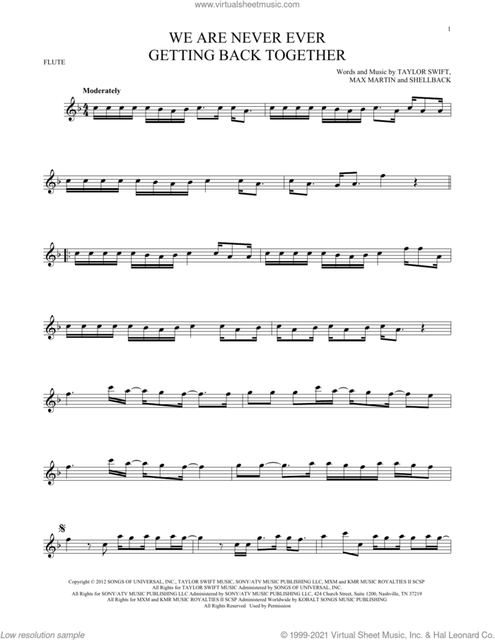We Are Never Ever Getting Back Together sheet music for flute solo by Taylor Swift, Max Martin and Shellback, intermediate skill level