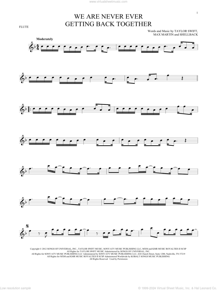 We Are Never Ever Getting Back Together sheet music for flute solo by Taylor Swift, Max Martin and Shellback, intermediate skill level