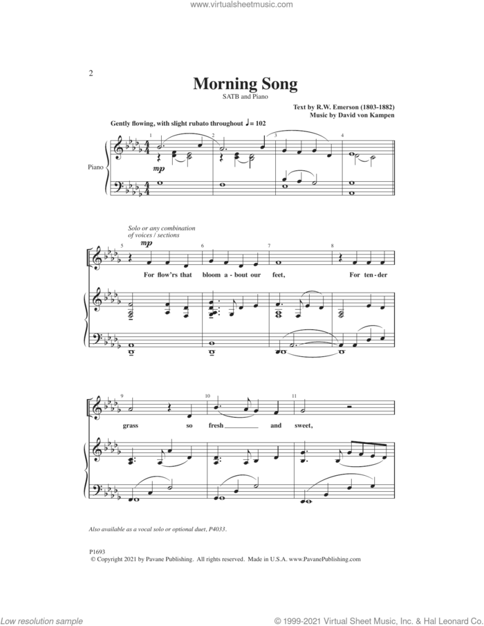 Morning Song sheet music for choir (SATB: soprano, alto, tenor, bass) by David von Kampen and R. W. Emerson, intermediate skill level