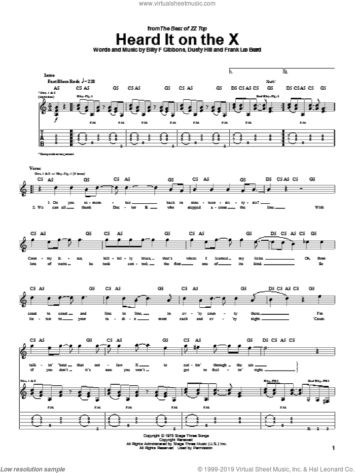 Heard It On The X sheet music for guitar (tablature) by ZZ Top, Billy Gibbons, Dusty Hill and Frank Beard, intermediate skill level