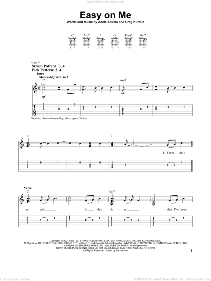 Easy On Me sheet music for guitar solo (easy tablature) by Adele, Adele Adkins and Greg Kurstin, easy guitar (easy tablature)