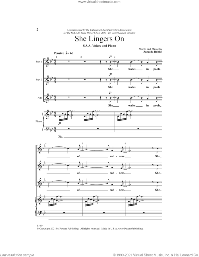 She Lingers On sheet music for choir (SSA: soprano, alto) by Zanaida Robles and David V. Montoya, intermediate skill level