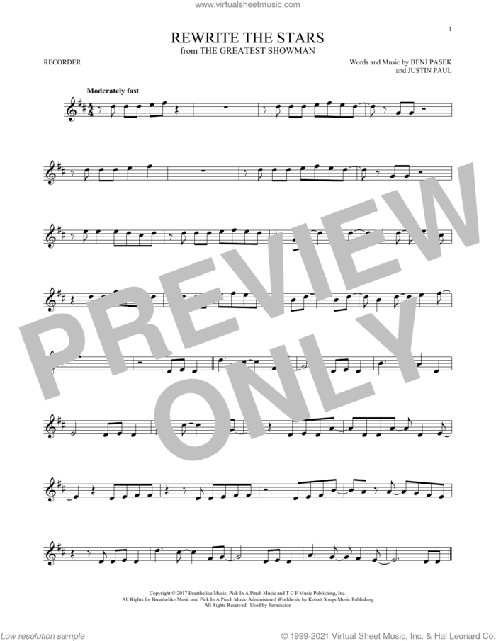 Rewrite The Stars (from The Greatest Showman) sheet music for recorder solo by Pasek & Paul, Zac Efron & Zendaya, Benj Pasek and Justin Paul, intermediate skill level