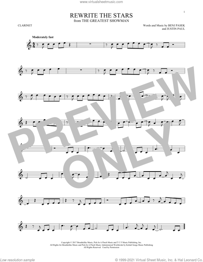 Rewrite The Stars (from The Greatest Showman) sheet music for clarinet solo by Pasek & Paul, Zac Efron & Zendaya, Benj Pasek and Justin Paul, intermediate skill level