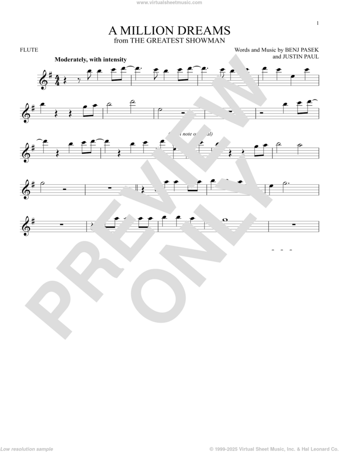 A Million Dreams (from The Greatest Showman) sheet music for flute solo by Pasek & Paul, Benj Pasek and Justin Paul, intermediate skill level