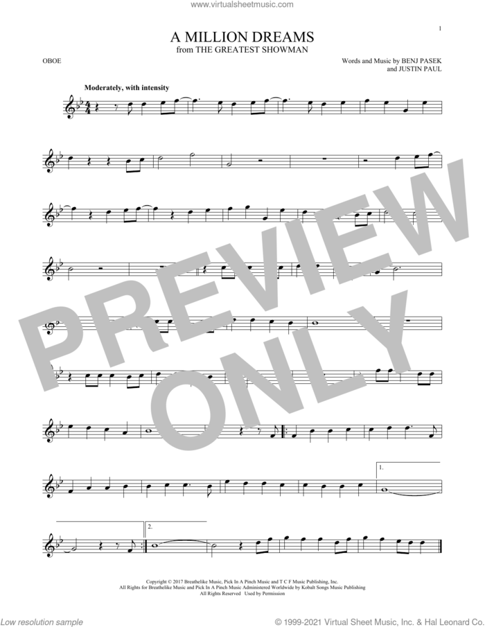 A Million Dreams (from The Greatest Showman) sheet music for oboe solo by Pasek & Paul, Benj Pasek and Justin Paul, intermediate skill level