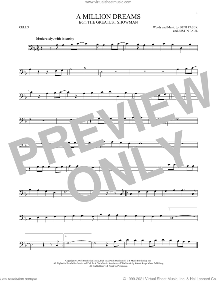 A Million Dreams (from The Greatest Showman) sheet music for cello solo by Pasek & Paul, Benj Pasek and Justin Paul, intermediate skill level