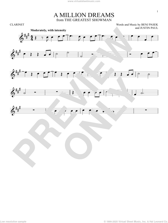 A Million Dreams (from The Greatest Showman) sheet music for clarinet solo by Pasek & Paul, Benj Pasek and Justin Paul, intermediate skill level