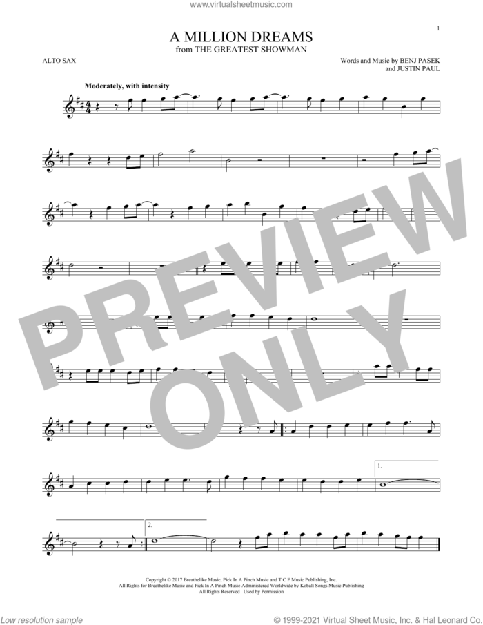 A Million Dreams (from The Greatest Showman) sheet music for alto saxophone solo by Pasek & Paul, Benj Pasek and Justin Paul, intermediate skill level