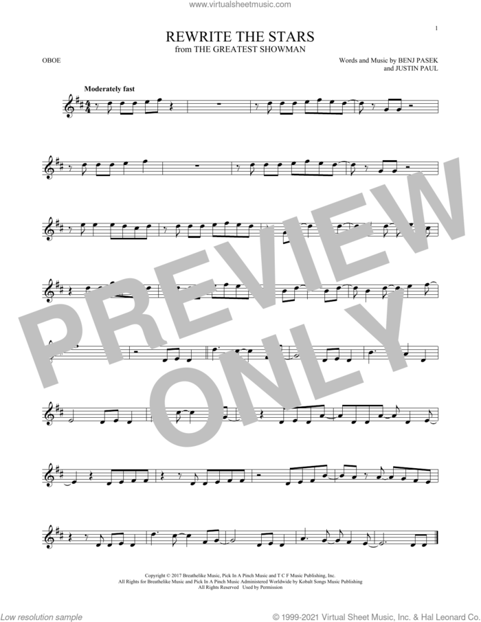Rewrite The Stars (from The Greatest Showman) sheet music for oboe solo by Pasek & Paul, Zac Efron & Zendaya, Benj Pasek and Justin Paul, intermediate skill level