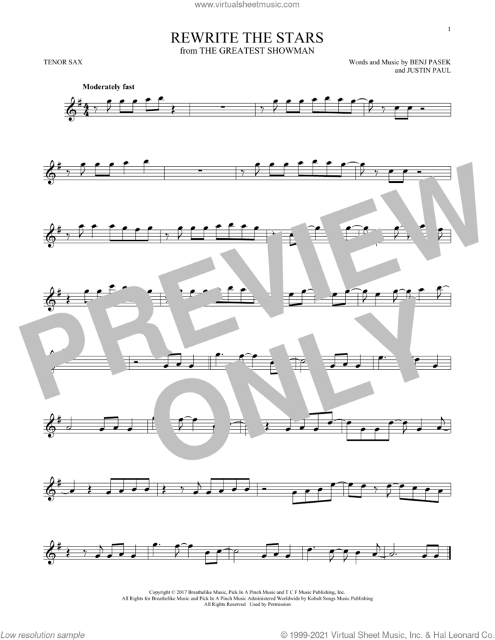 Rewrite The Stars (from The Greatest Showman) sheet music for tenor saxophone solo by Pasek & Paul, Zac Efron & Zendaya, Benj Pasek and Justin Paul, intermediate skill level